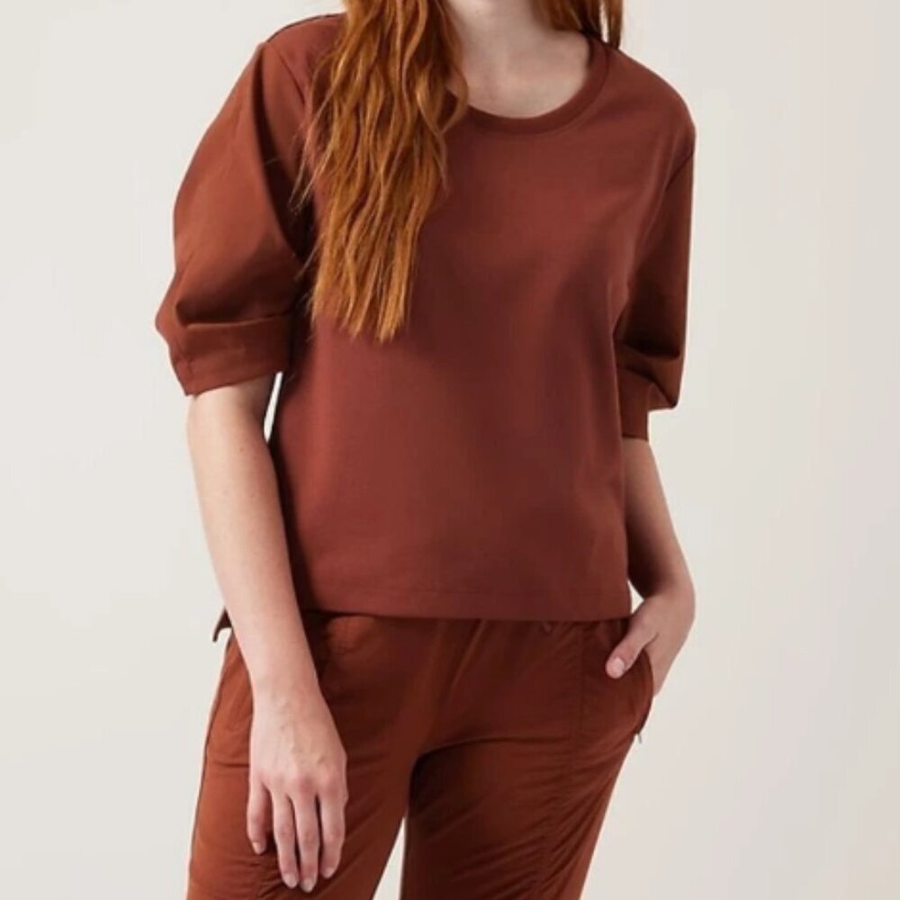 Athleta Harlow Hybrid T-Shirt Puff Sleeves High Low Hem Oversized Sz XS